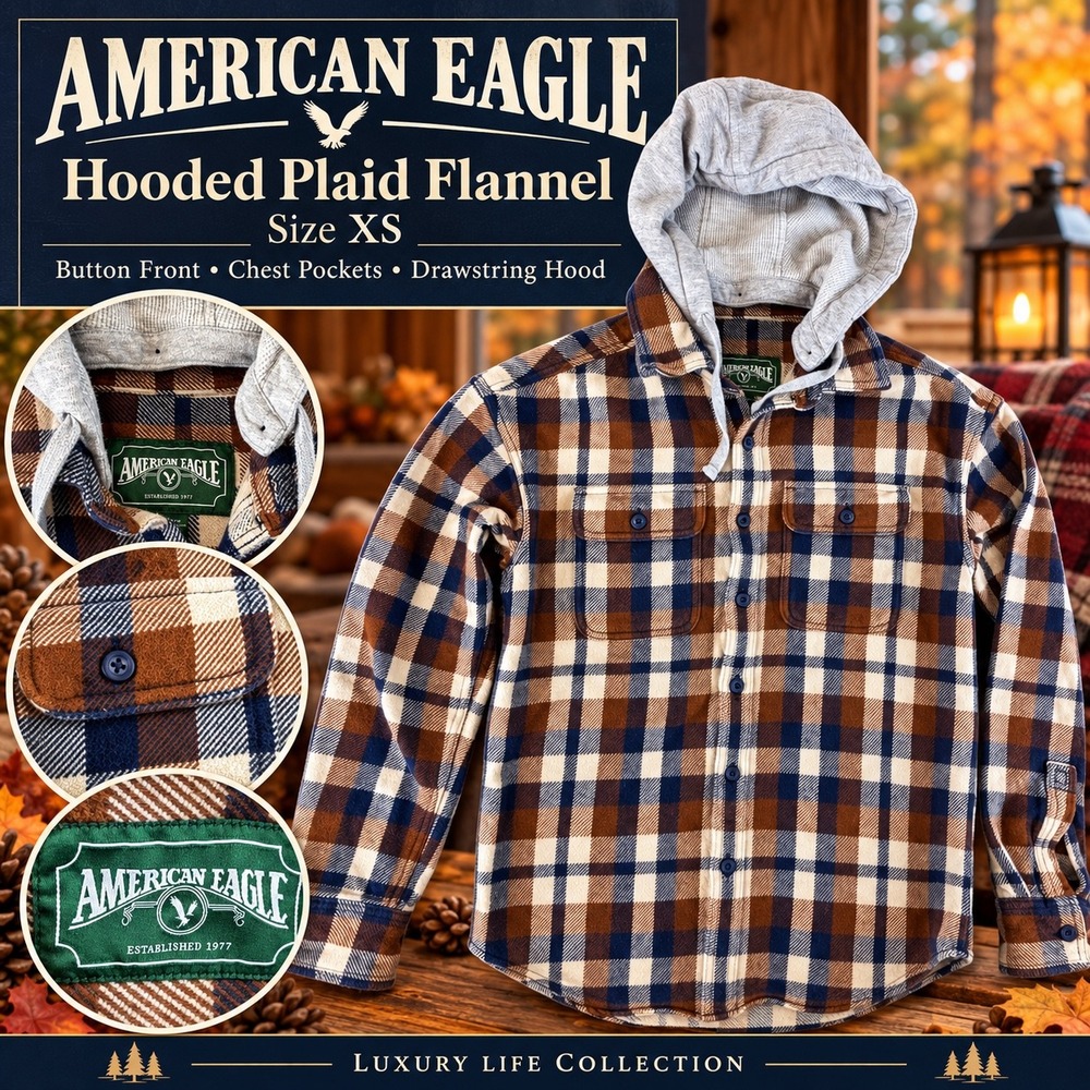 American Eagle Mens XS Brown Navy Plaid Hooded Flannel Shirt Long Sleeve